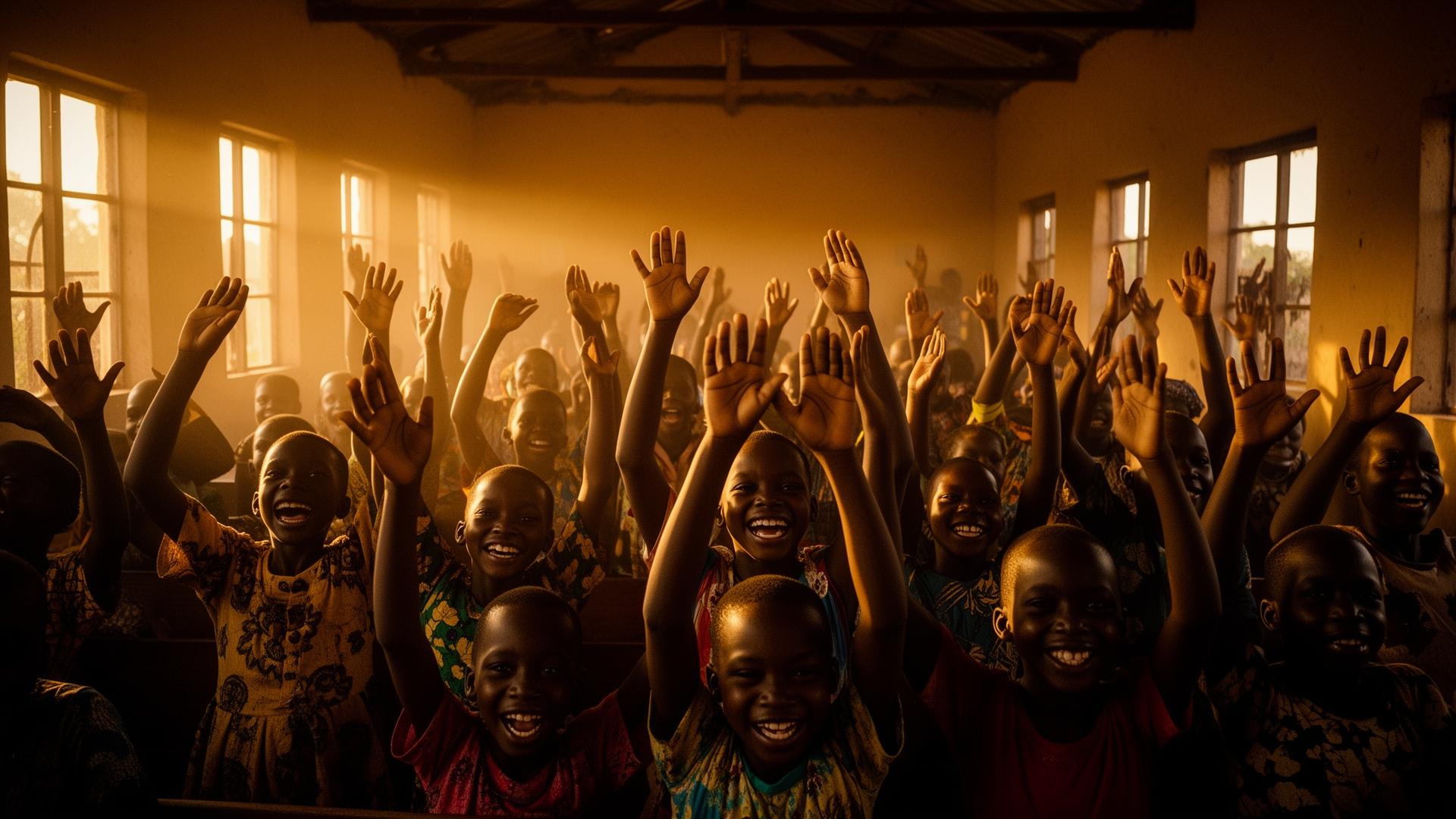 Children in an African church worshipping with hands raised
