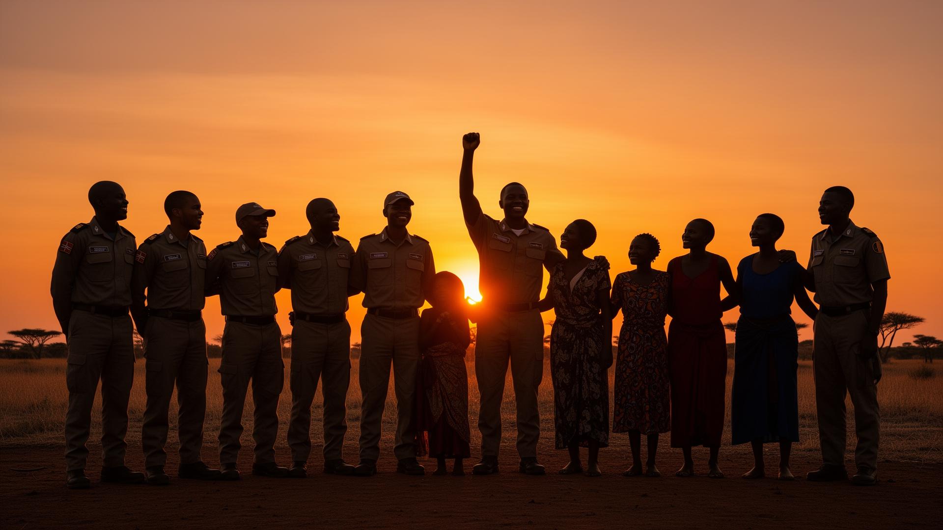Mission team and villagers at sunset