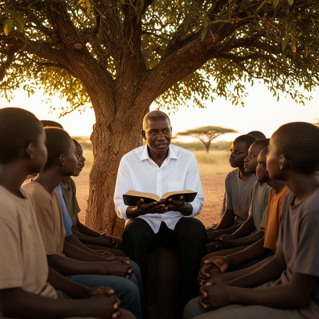 Pastor teaching under a tree